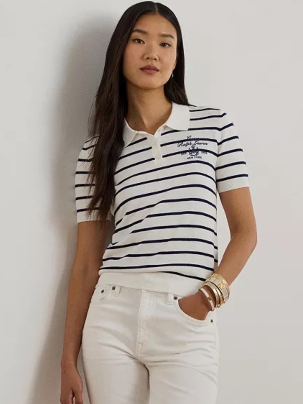NWT Lauren Ralph Lauren Women's Striped Slim-Fit Polo Sweater L